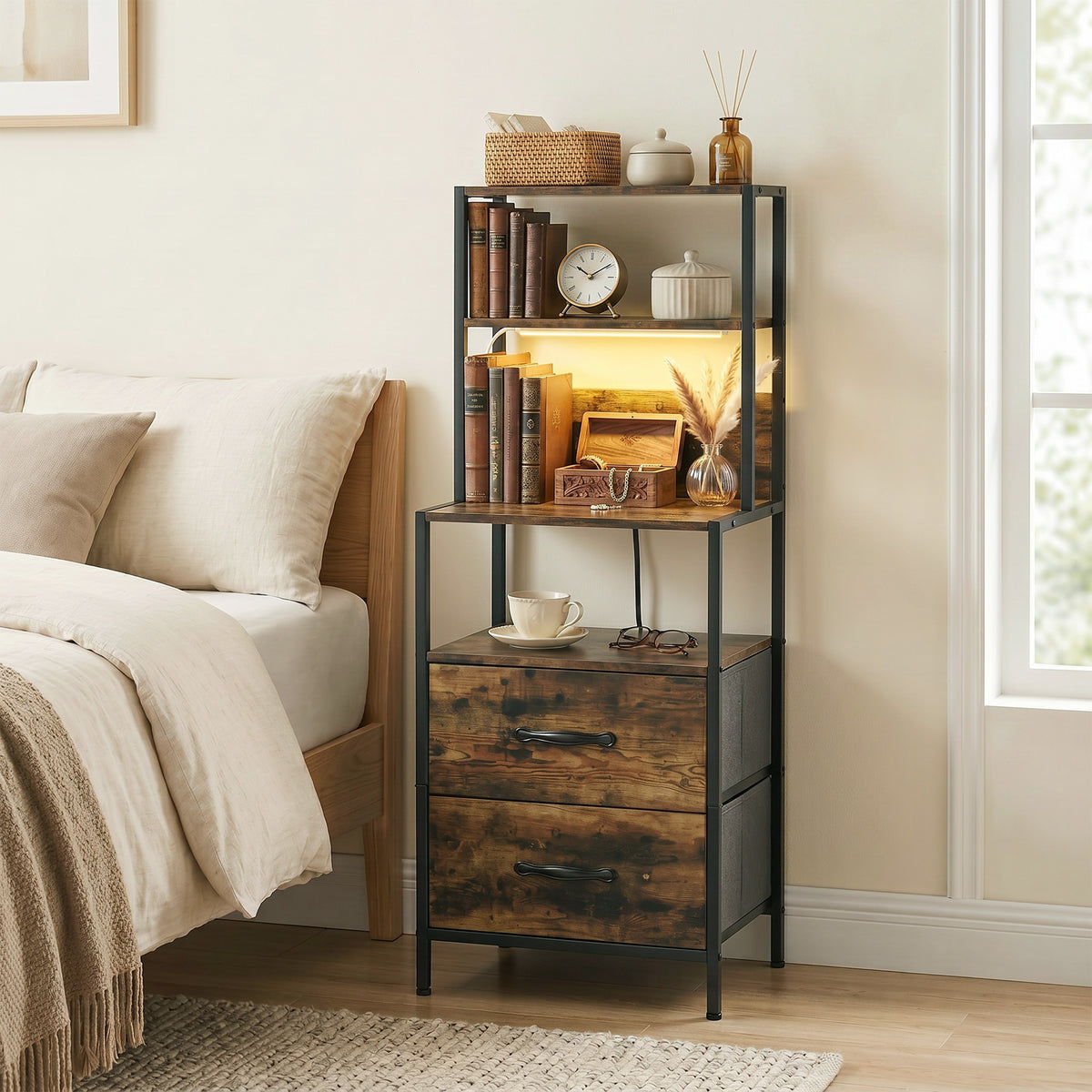 HOMCOM Bedside Table With Charging Station & Led Light Strips, Rustic Brown