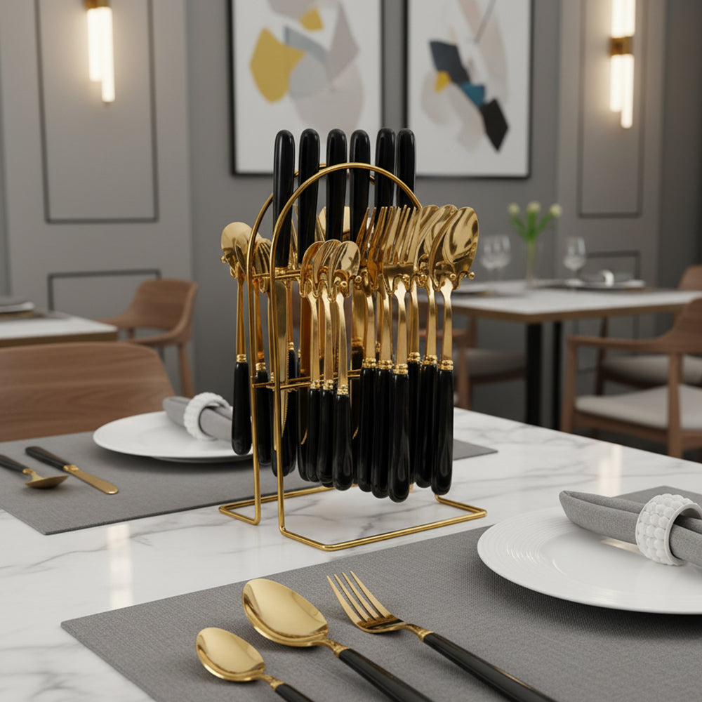 24-piece Stainless Steel Cutlery Set With Storage Rack | Black