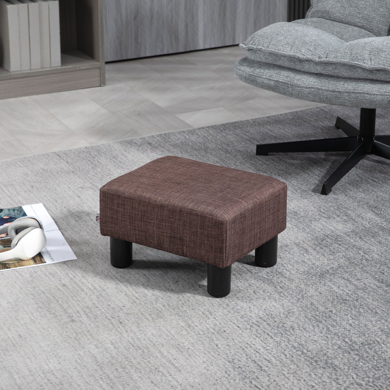 Chic Linen Fabric Footstool Ottoman Cube 4 Plastic Legs | One Size | Brown