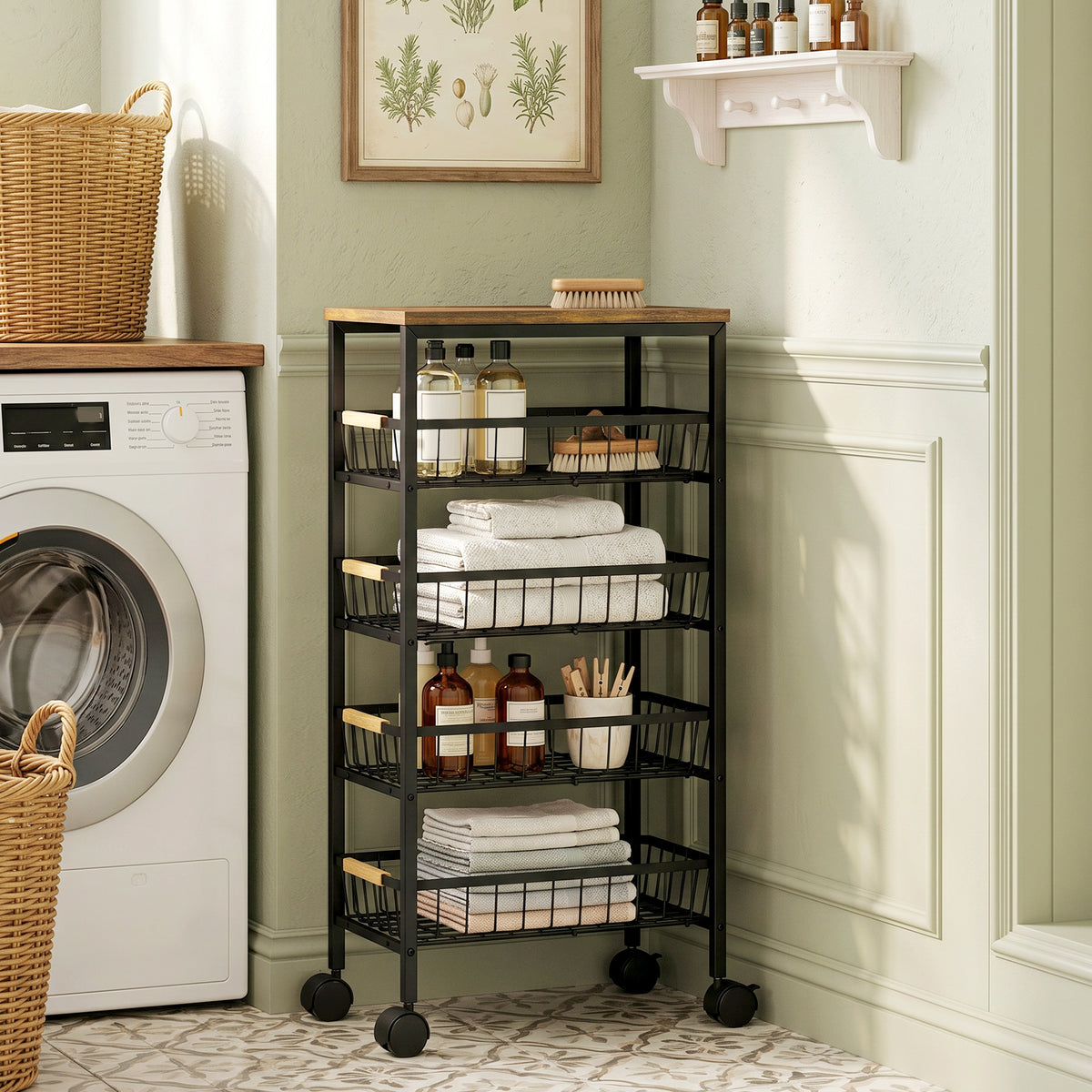 HOMCOM Metal Kitchen Trolley With Pull-out Baskets, Rustic Brown