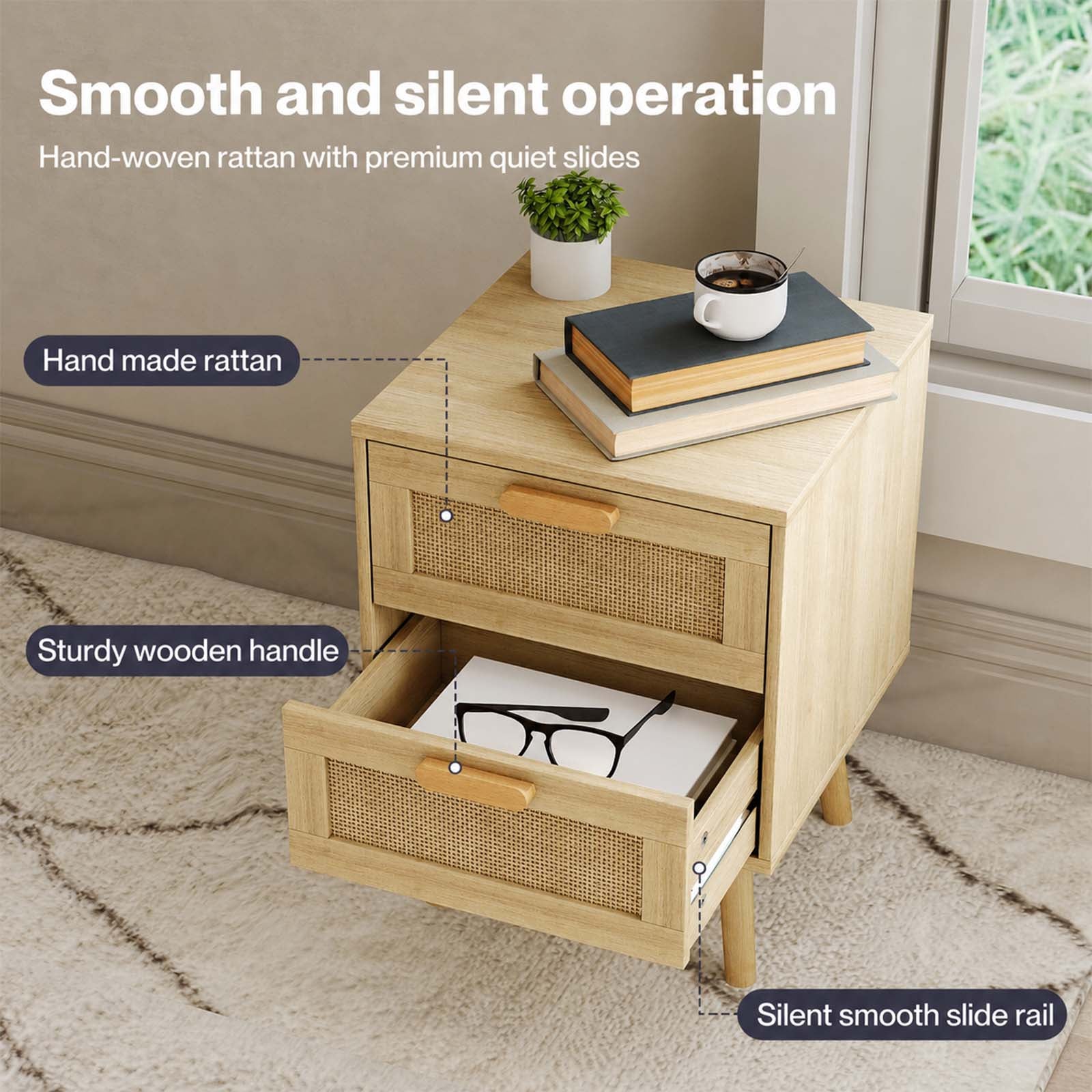 Levede Bedside Table Rattan 2 Pack Drawers Nightstand 57cm Bedroom Bamboo