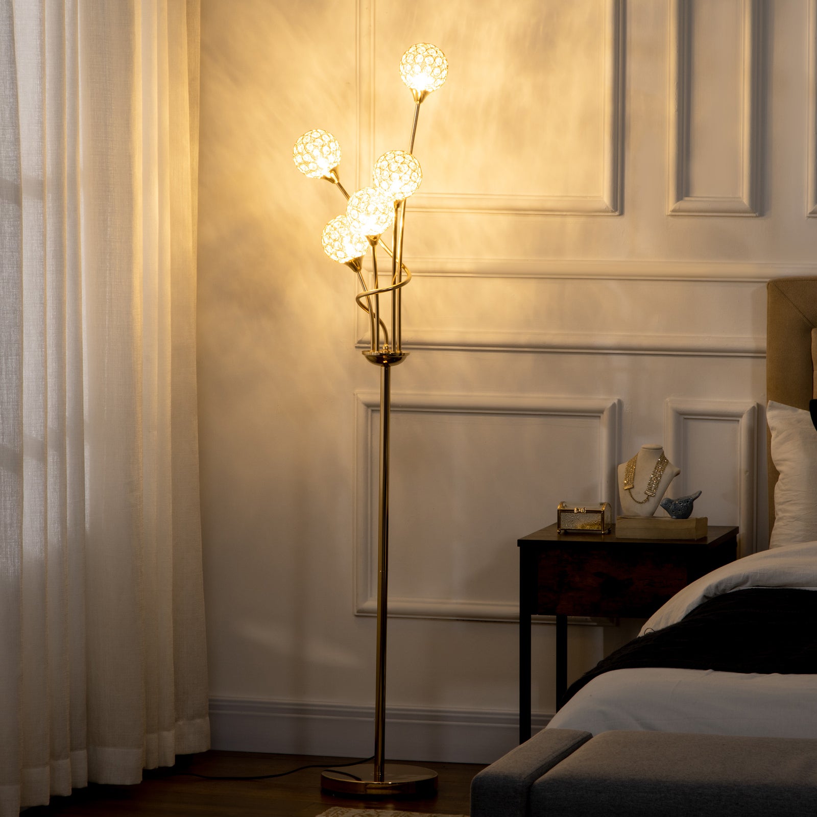 Modern Floor Lamp With K9 Crystal Shade 5 Light | One Size | Gold
