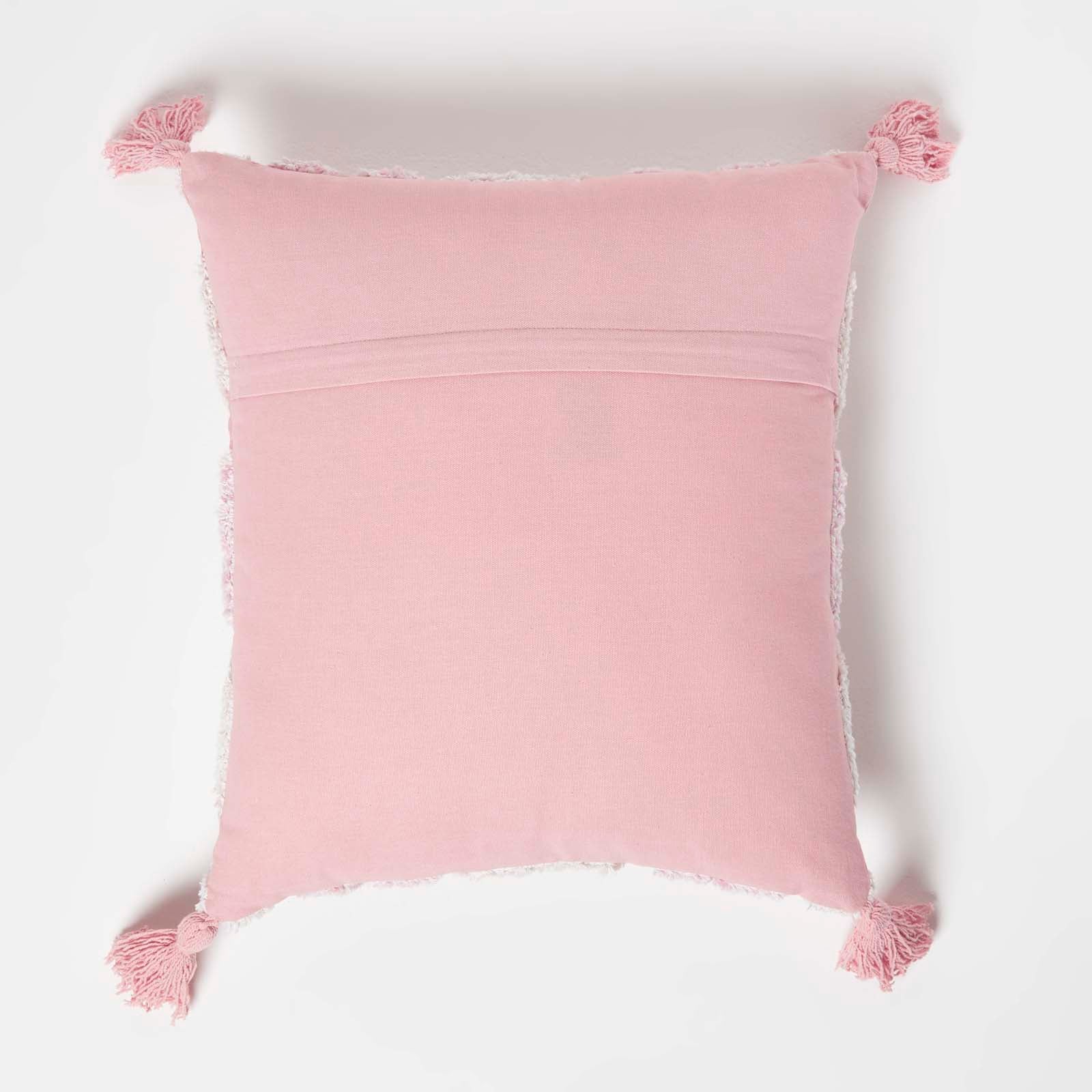 Geometric Ikat Tufted Cotton Cushion With Tassels | 45cm x 45cm | Pink & White
