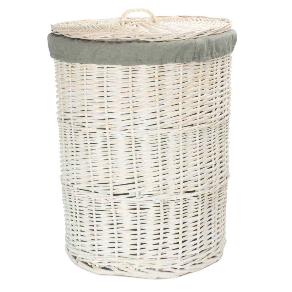 Round White Wash Laundry Hamper With Grey Sage Lining | Small