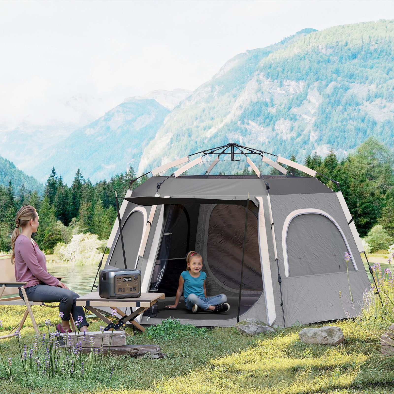 Instant 2/3/4 Person Dome Tent, Hexagonal | Dark Grey