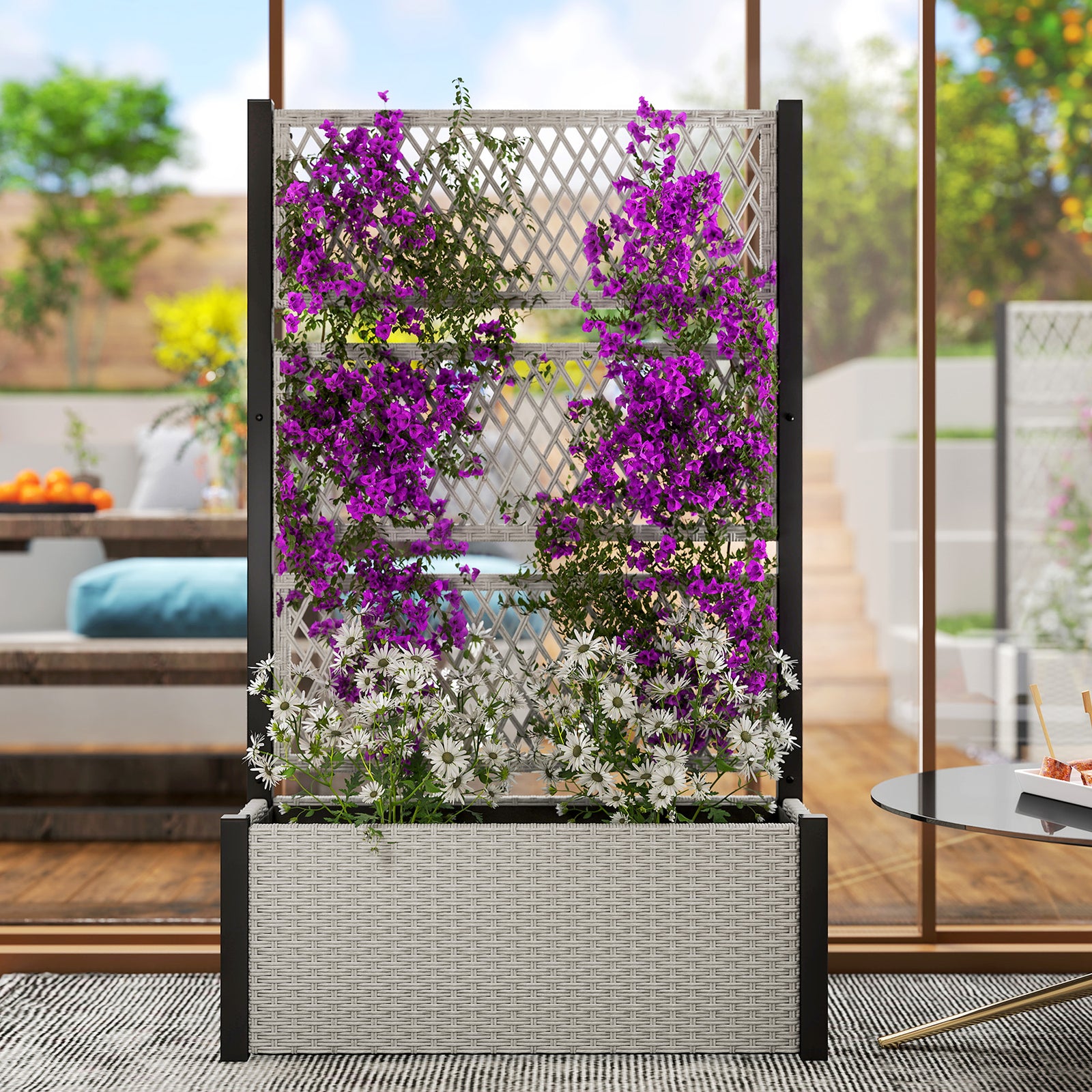 Garden Planter Box With Trellis, Rattan Raised Bed