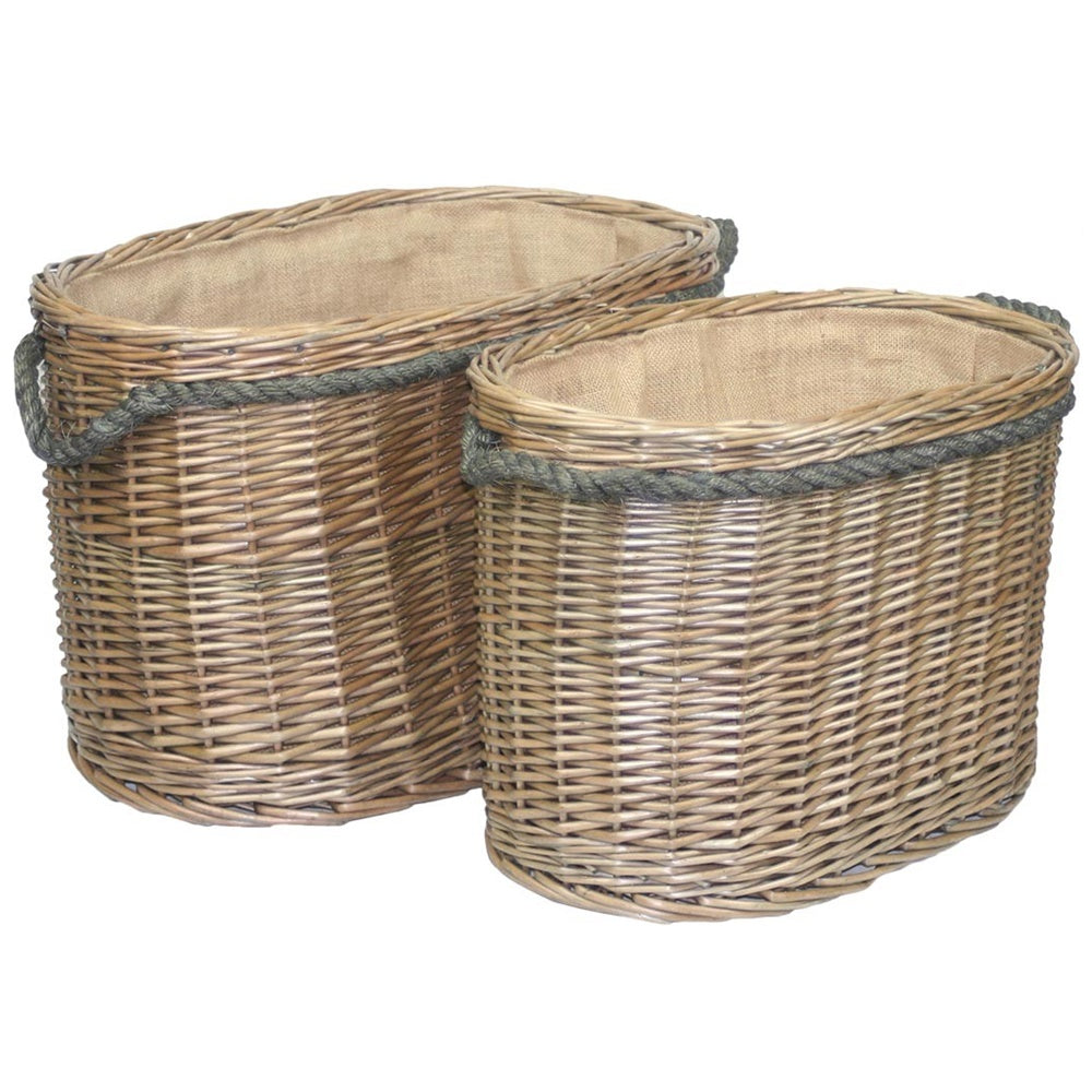 Wicker Oval Rope Handled Log Basket | Set-of-2 | Brown