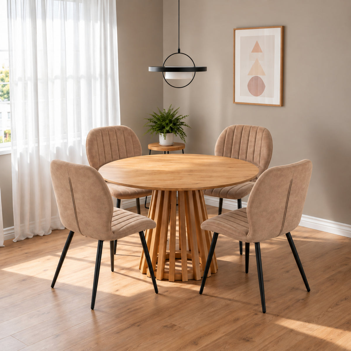 Indoor & Outdoor Living Kayci Round Oak Dining Table With 4 Jaydn Chairs