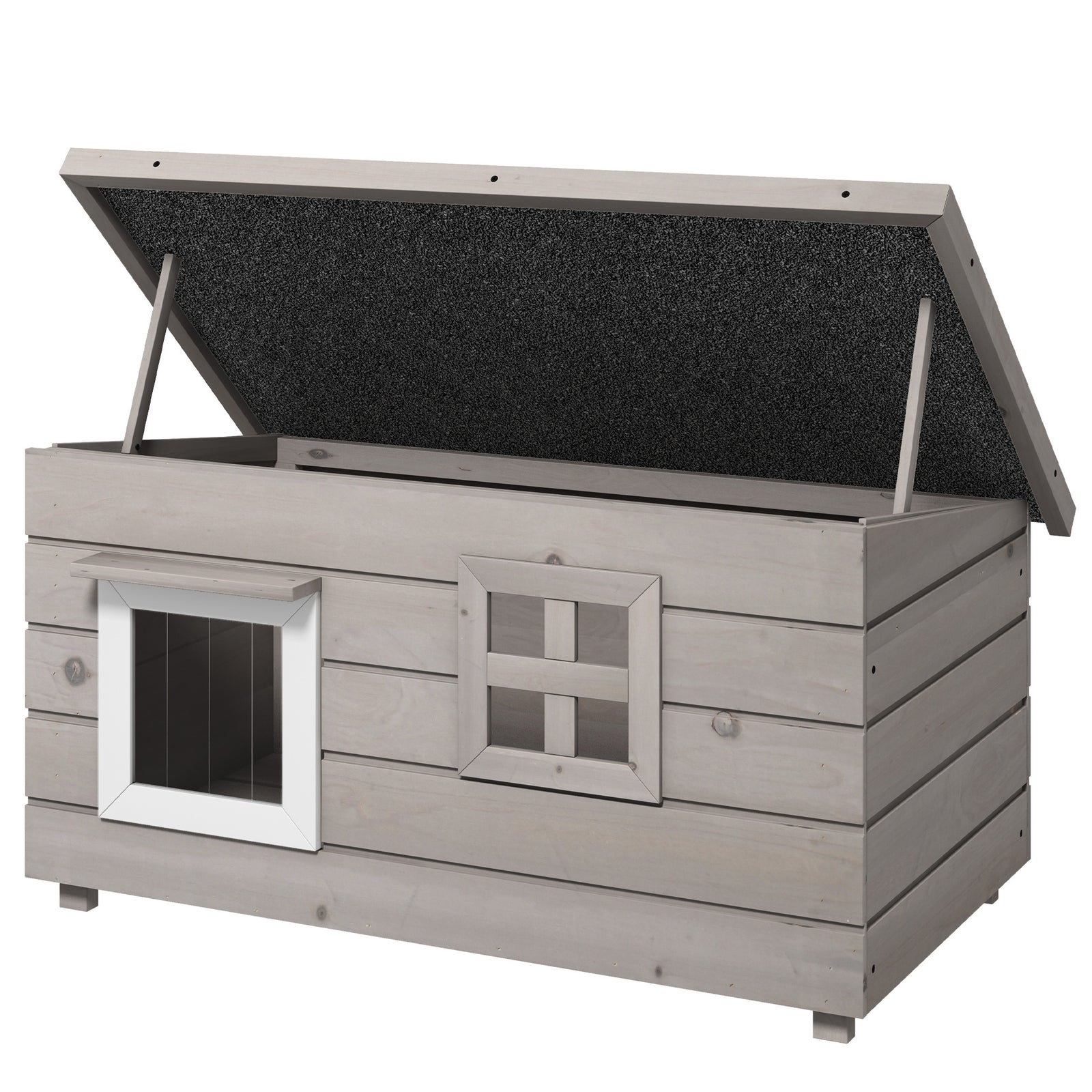 Pawhut Wooden Cat House Outdoor With Openable Top, Asphalt Roof, Window Grey