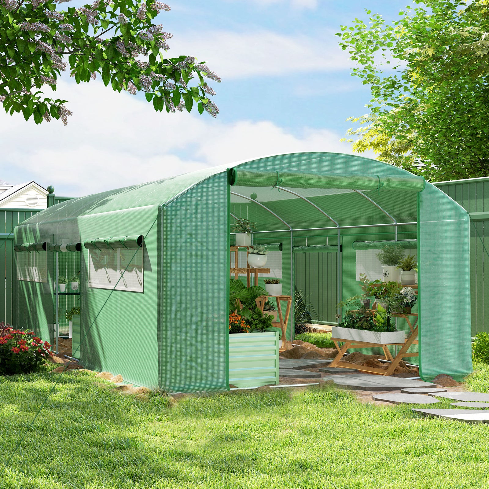 6x3x2m Polytunnel Greenhouse, Roll-up Doors, Green