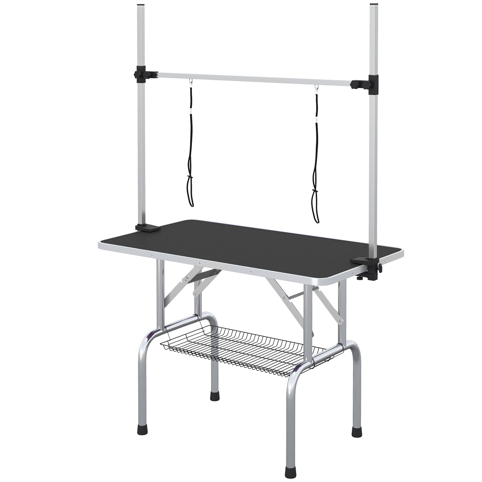Metal Adjustable Dog Grooming Table Rubber Top 2 Safety Slings Mesh | Black