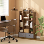 12-tier Bookshelf, Bookcase W/ 2 Folding Drawer | Rustic Brown
