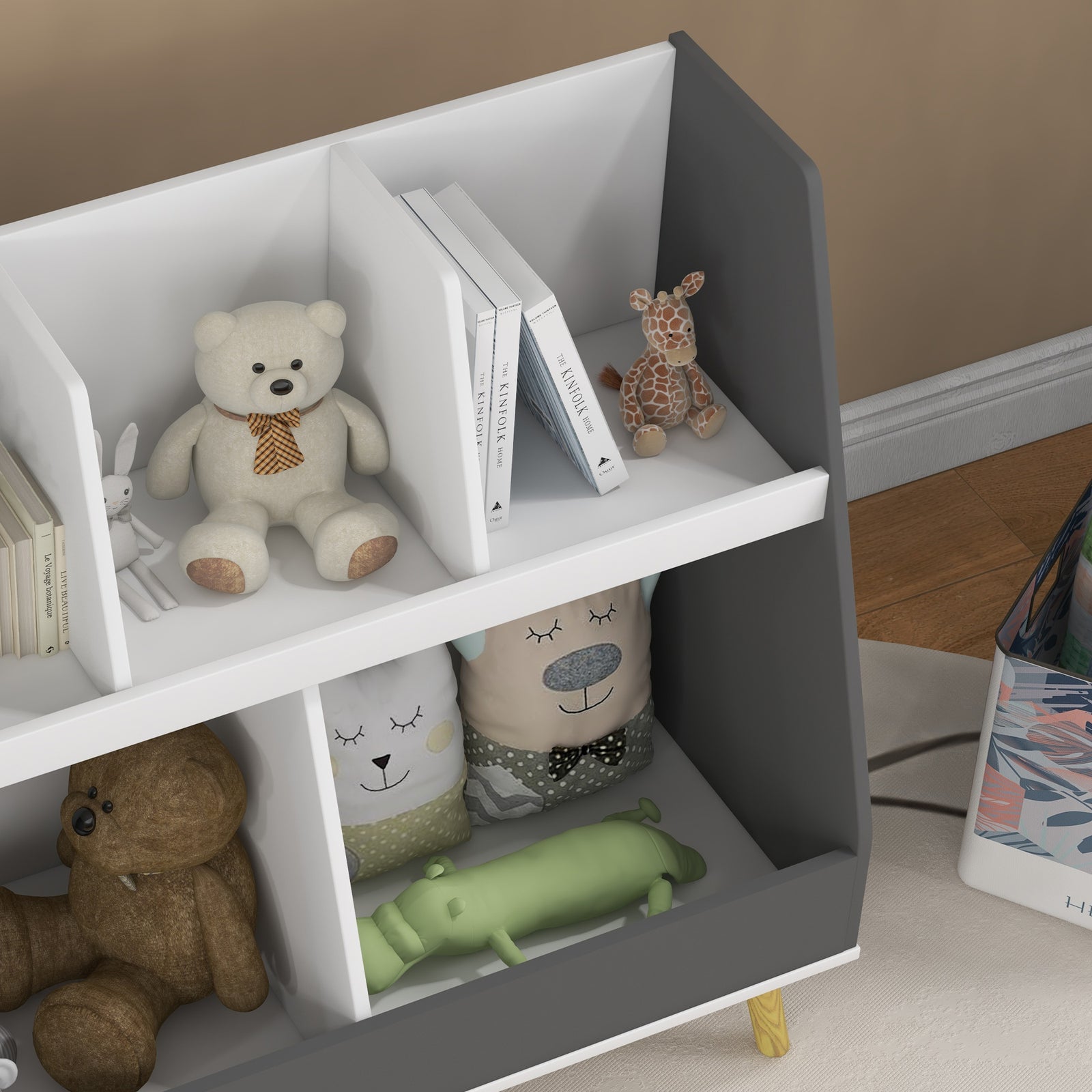 Kids Storage Shelf With 5 Compartments, Anti-tip Device, Grey