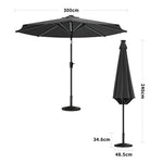 3m Solar Led Patio Umbrella, Outdoor Parasol With 16 Led Tubes, Crank Lift & Push Button Tilt With Resin Base | One Size | Dark Grey