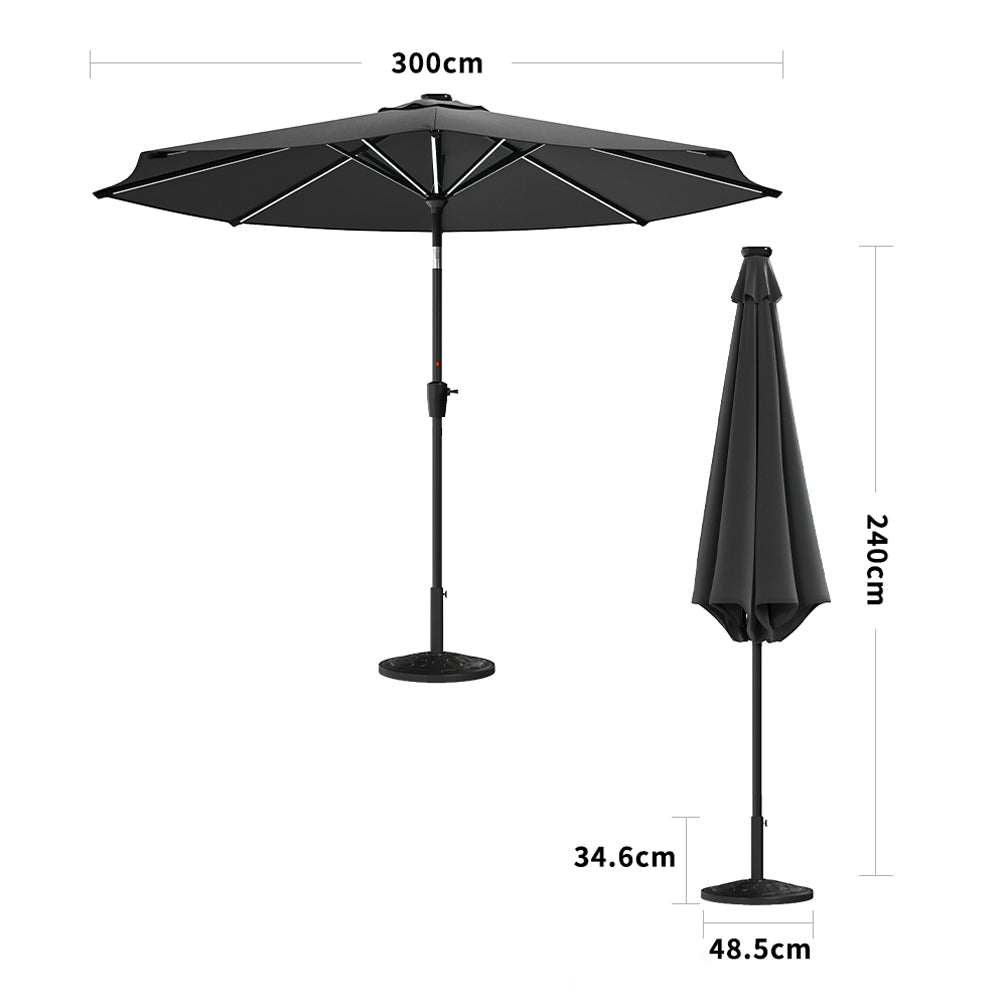 3m Solar Led Patio Umbrella, Outdoor Parasol With 16 Led Tubes, Crank Lift & Push Button Tilt With Resin Base | One Size | Dark Grey