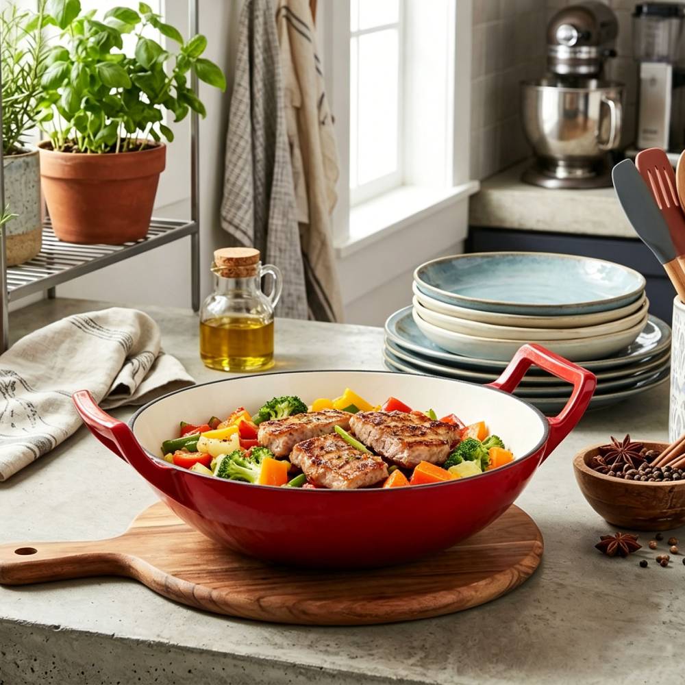 32/36cm Diameter Enamelled Cast Iron Wok, Large Capacity Stir-fry Pan With Side Handles | Small | Red