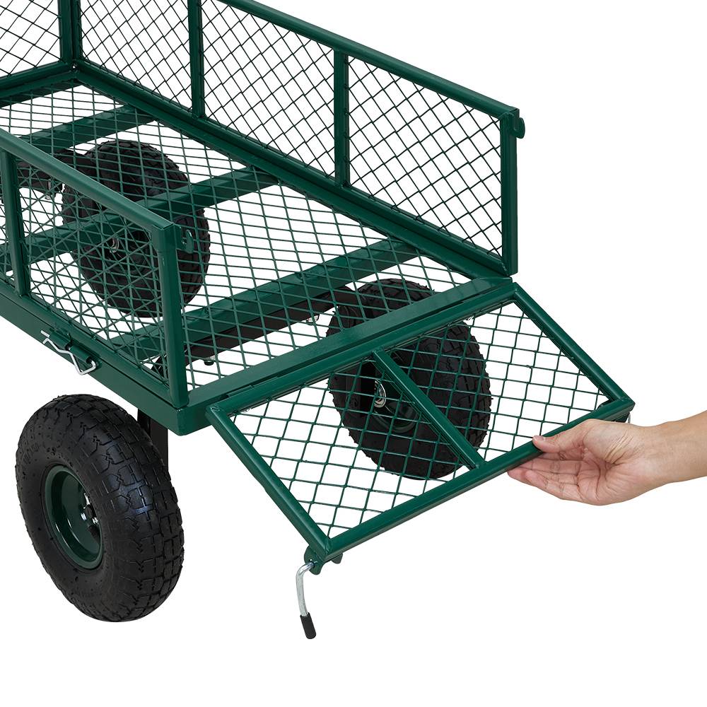 Heavy Duty Garden Trolley Cart On Wheels, 500 Lbs Capacity Large Metal Utility Wagon With Removable Sides, Pneumatic Tires | Green