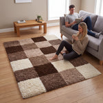 California Checked Shaggy Rug Deep Pile | 200cm x 290cm | Beige