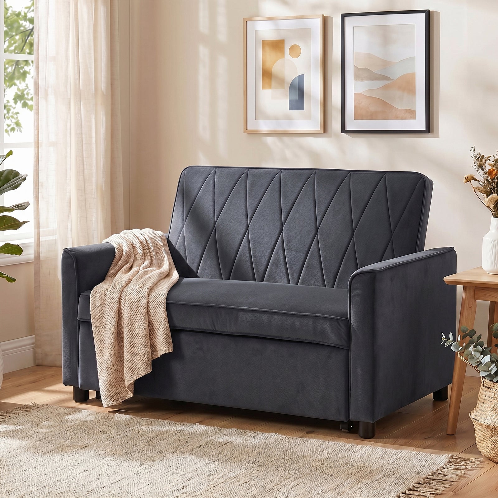 2 Seater Sofa Bed, 3-in-1 Velvet Pull Out Sleeper Sofa | Dark Grey
