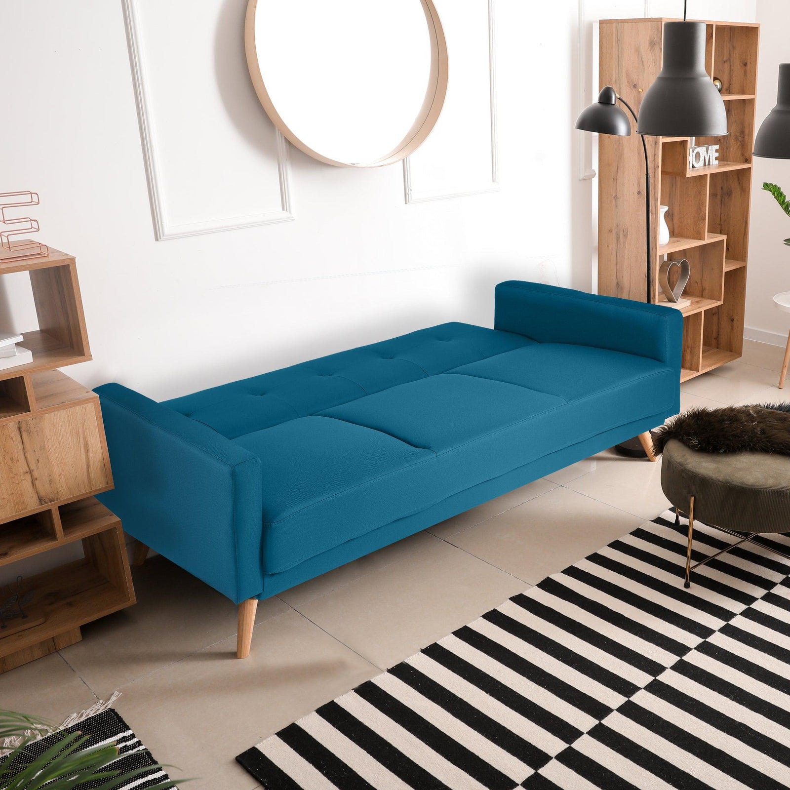 Click-clack Sofa Bed With Ribbed Tufting - 3 Seater | Blue