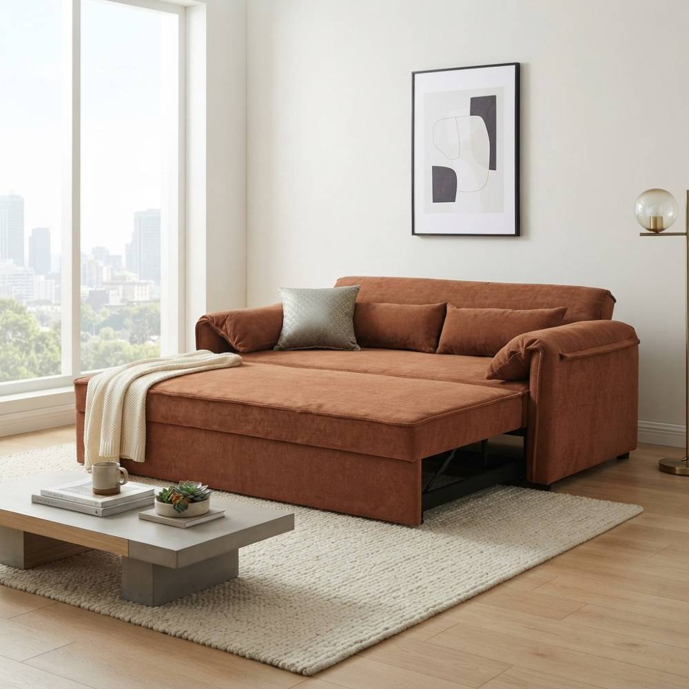 Fabric Sofa Bed With Adjustable Backrest And Easy Pull-out Mechanism | Caramel