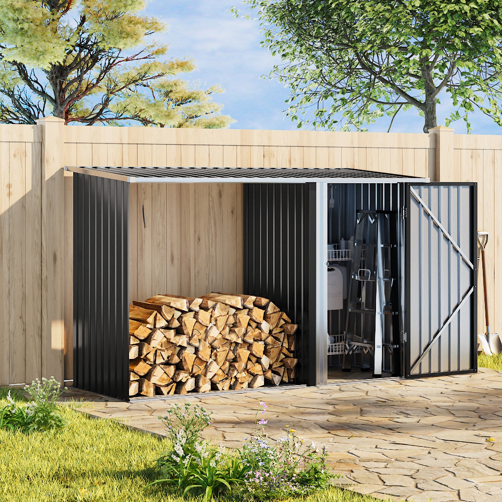 2.5m W Steel Outdoor Garden Storage Shed With Log Stacking Rack | Charcoal Black