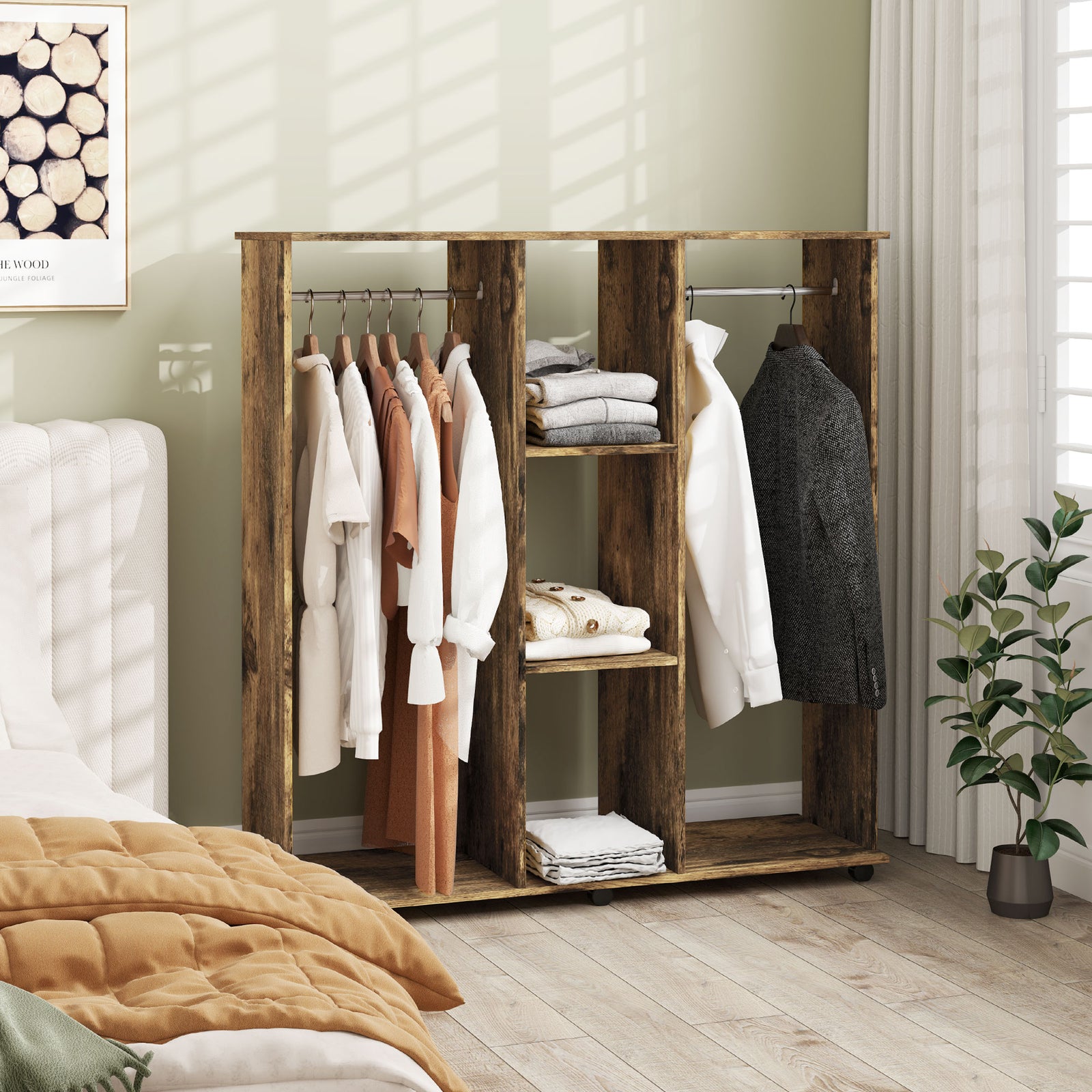 Mobile Double Open Wardrobe W/ Clothes Hanging Rail | Brown
