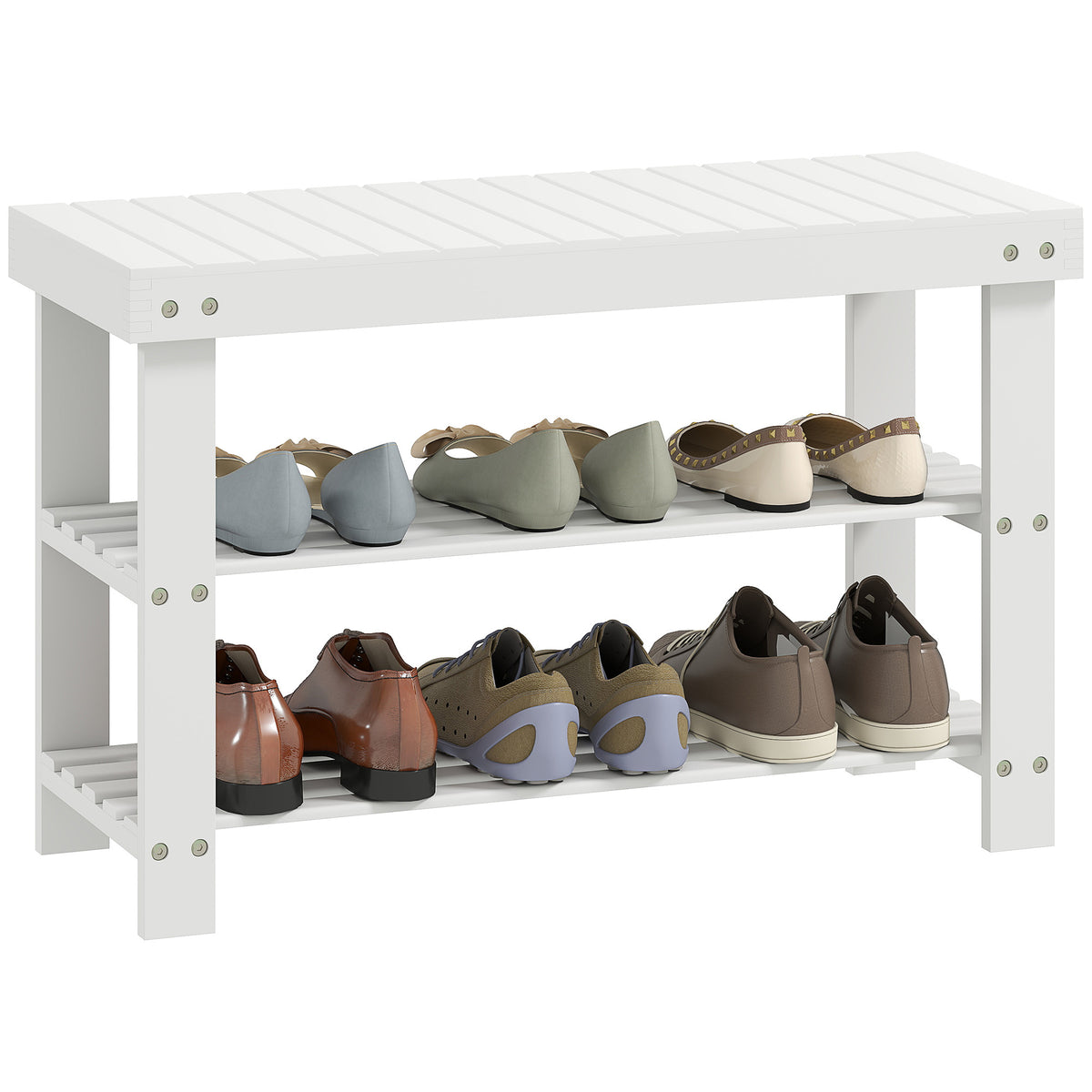 3-tier Bamboo Shoe Bench With 2 Shelves For Entryway | White