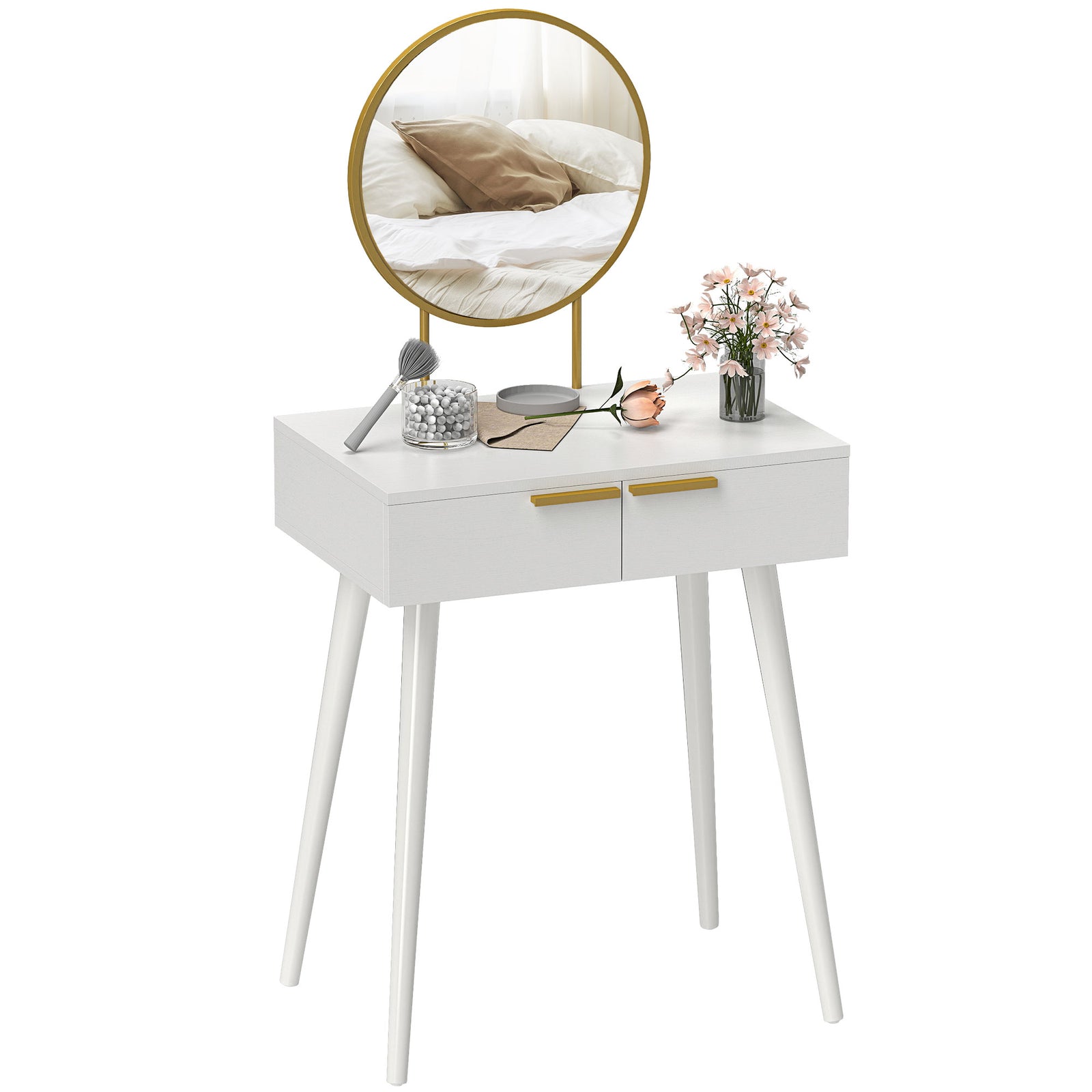 Modern Dressing Table W/ 2 Drawers Round Mirror For Bedroom White