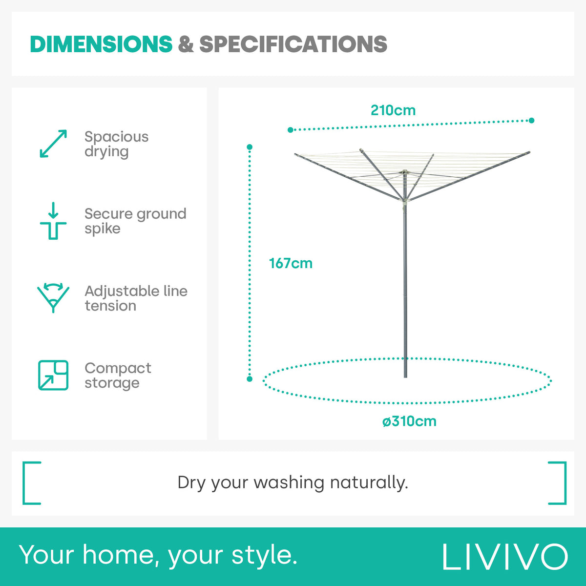 Livivo 45m 4-arm Rotary Clothes Airer Round Arms - Grey Sage Green With Spike & Cover