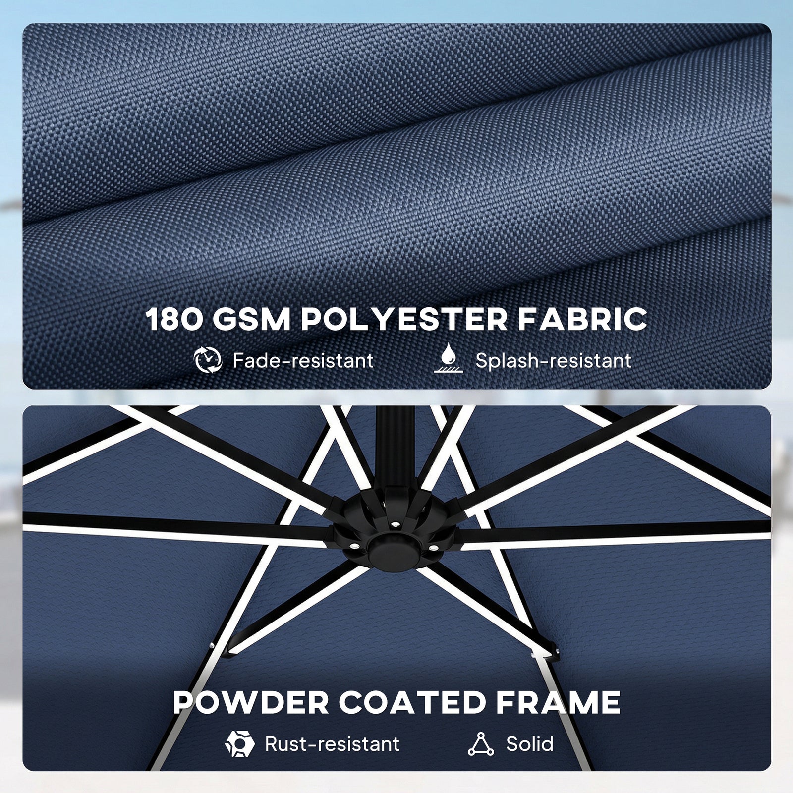 3 M Garden Cantilever Parasol With Solar Light, Rotation | Navy Blue