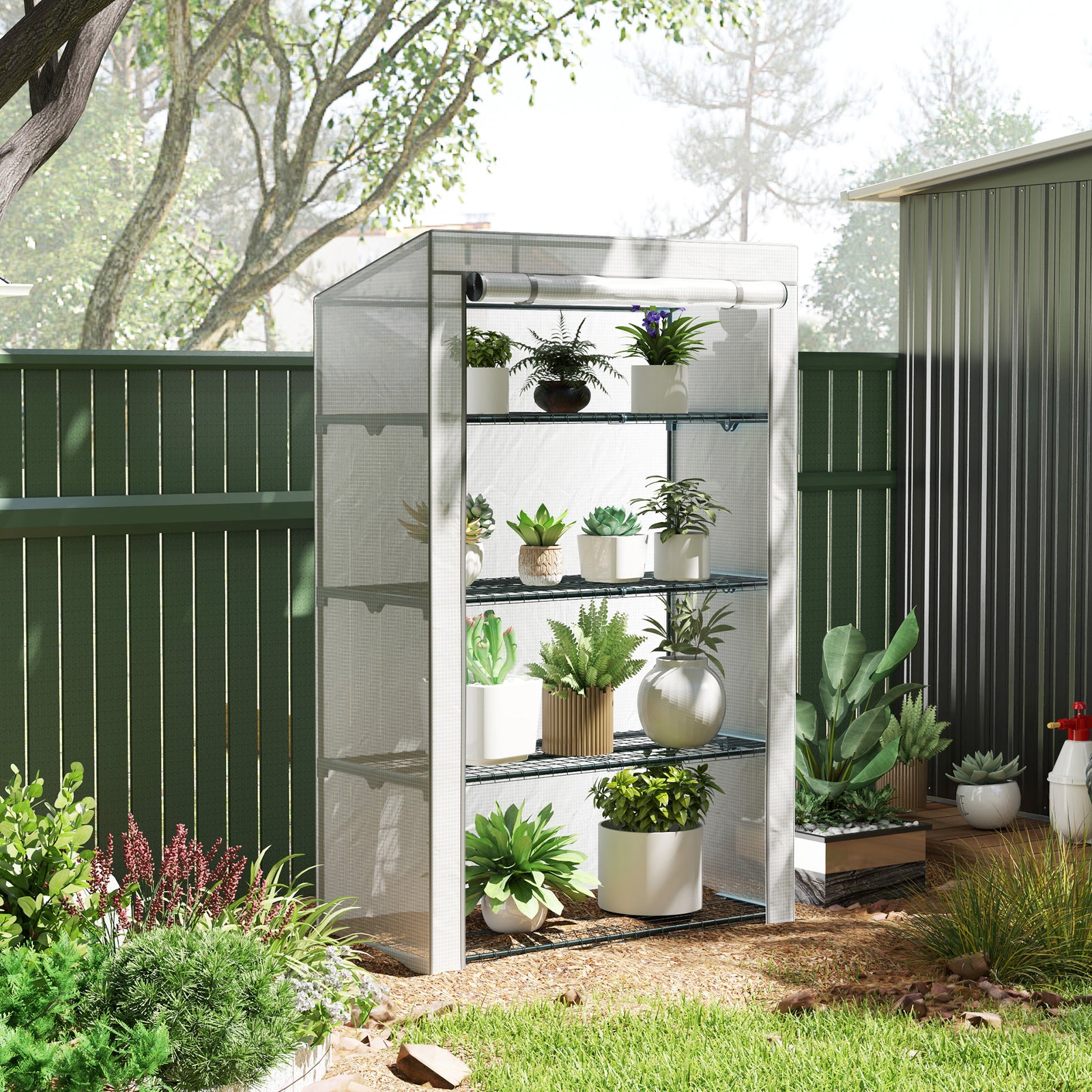 4 Tier Lean-to Mini Greenhouse W/ Reinforced Pe Cover | Gray