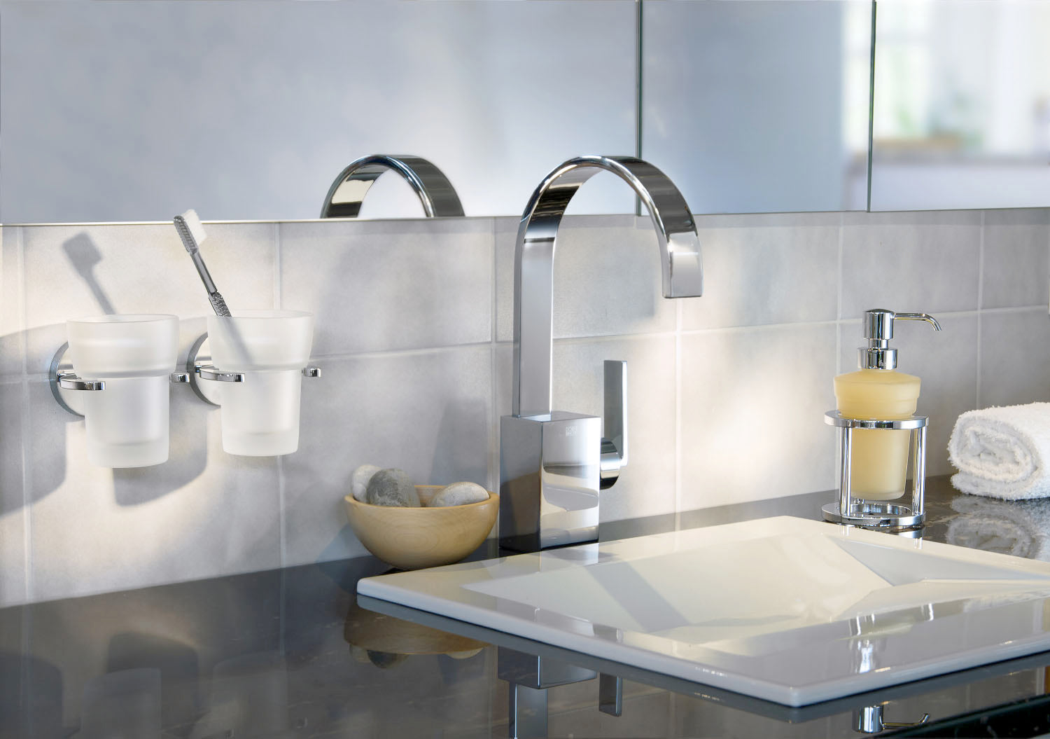 Frosted Glass Tumbler With Non Rust Brass Wall Mount Holder | Polished Chrome