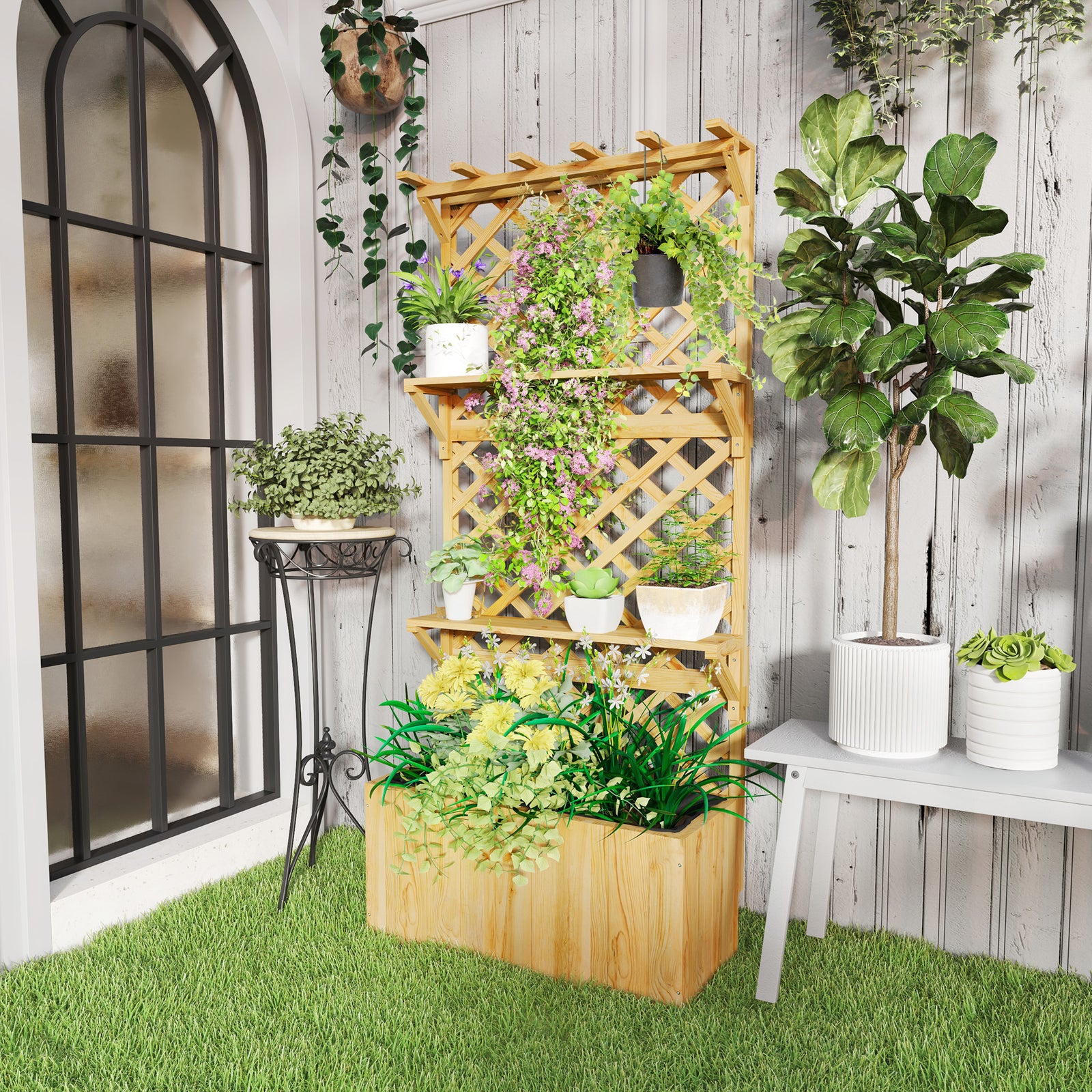 Wooden Raised Planter With Trellis & 2 Shelves