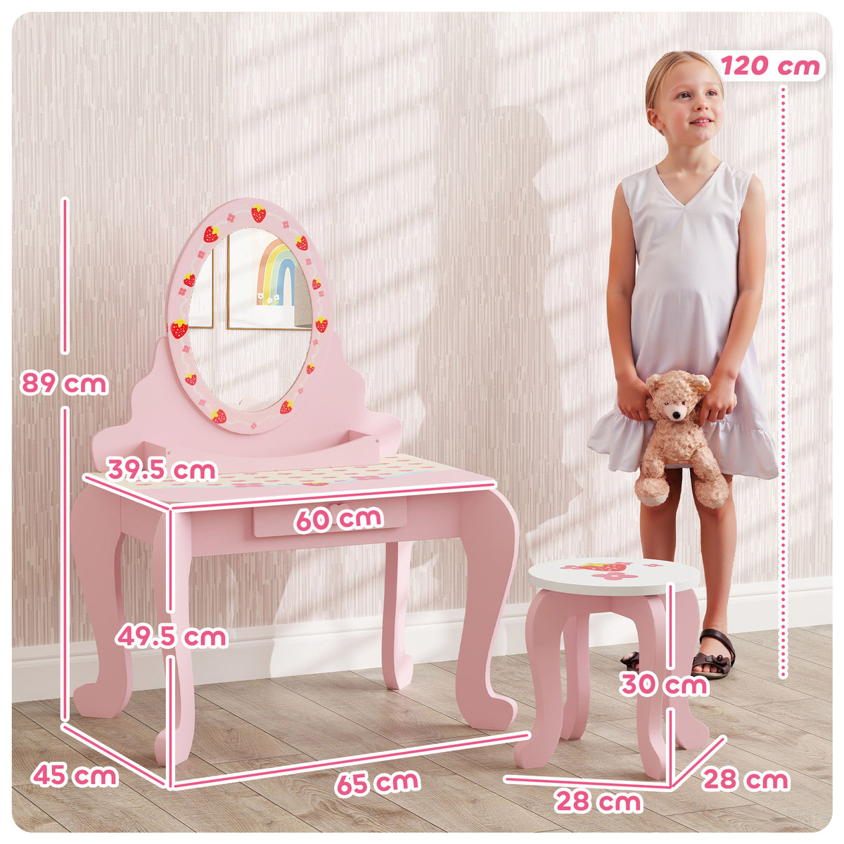 Kids Dressing Table Set, Strawberry Theme Vanity Table With Stool, Mirror Drawer
