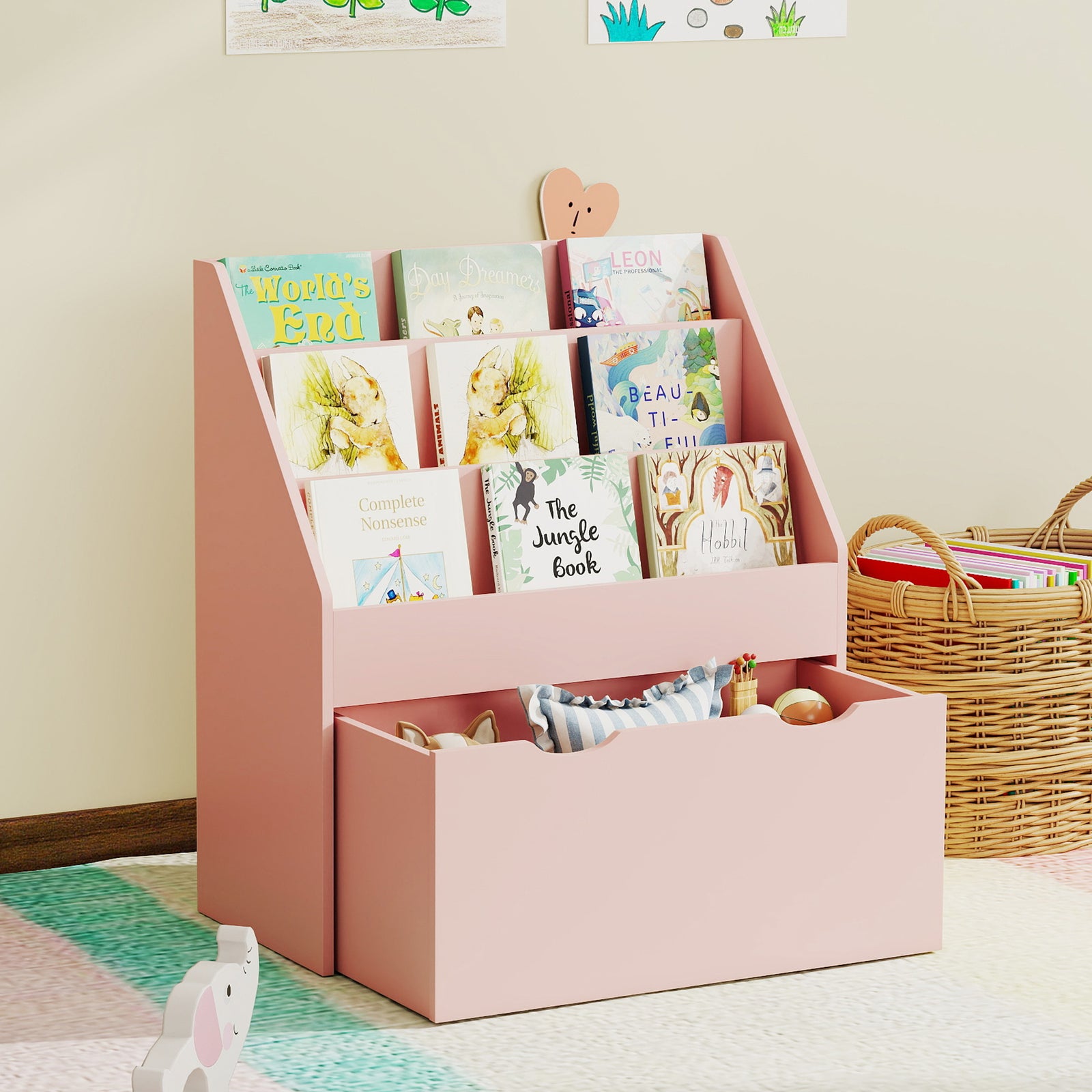 Kids Bookcase W/ 3 Tier Shelves, Drawer, For Bedroom, Nursery | Pink