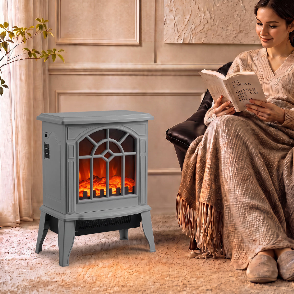 Electric Fireplace, Freestanding Log Burner, Led Flame Effect | Grey