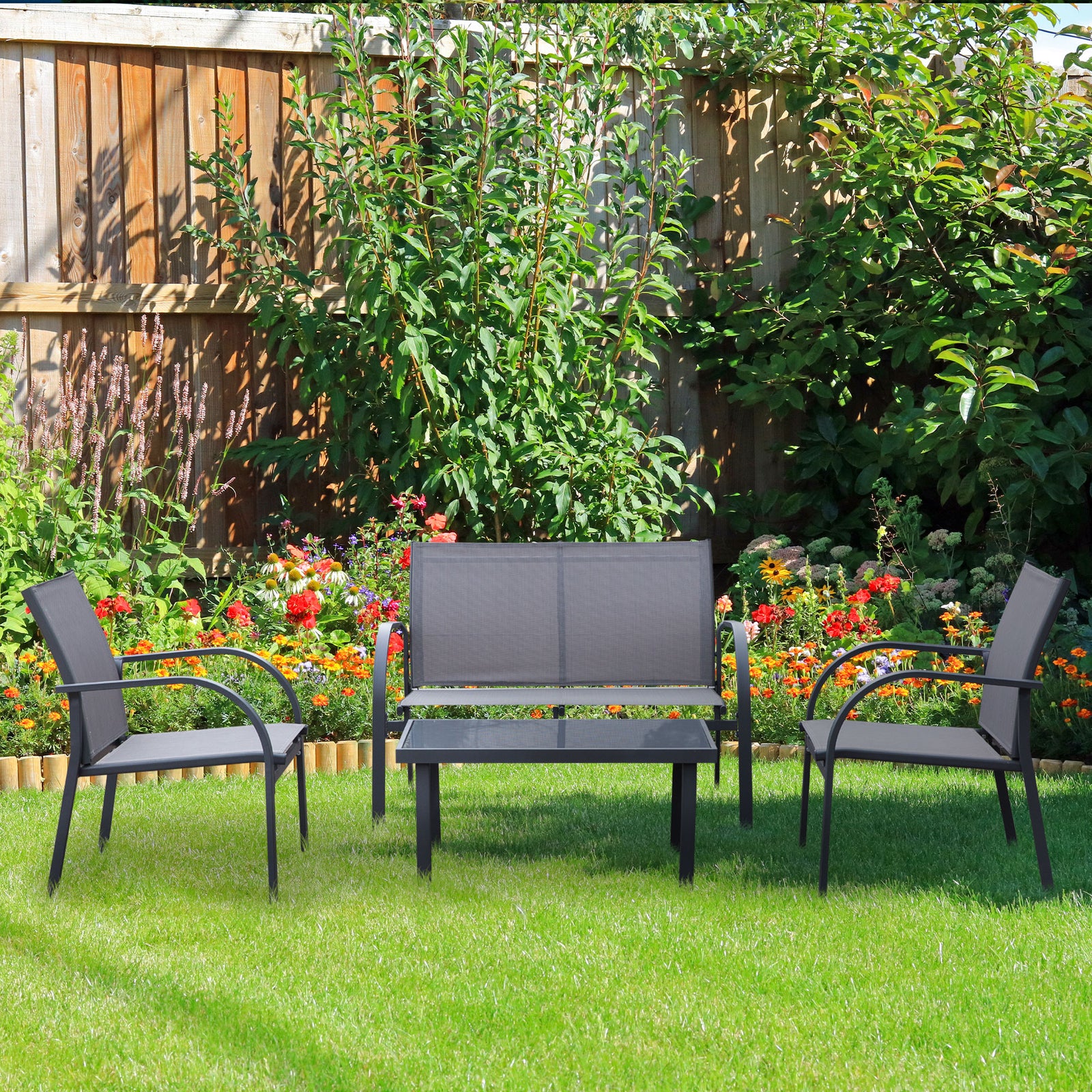 4pcs Patio Furniture Set Garden Sofa Glass Top Coffee Table | Charcoal Gray