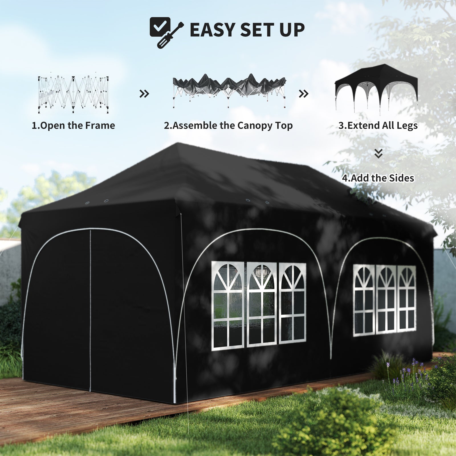 3 X 6m Pop Up Gazebo With Sides, Peak Top Garden Party Tent Marquee | Black