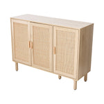 Solid Wood Sideboard with Rattan Doors, 3-Door Storage Cabinet, Oak Finish, Soft-Close, Freestanding, 120cm W