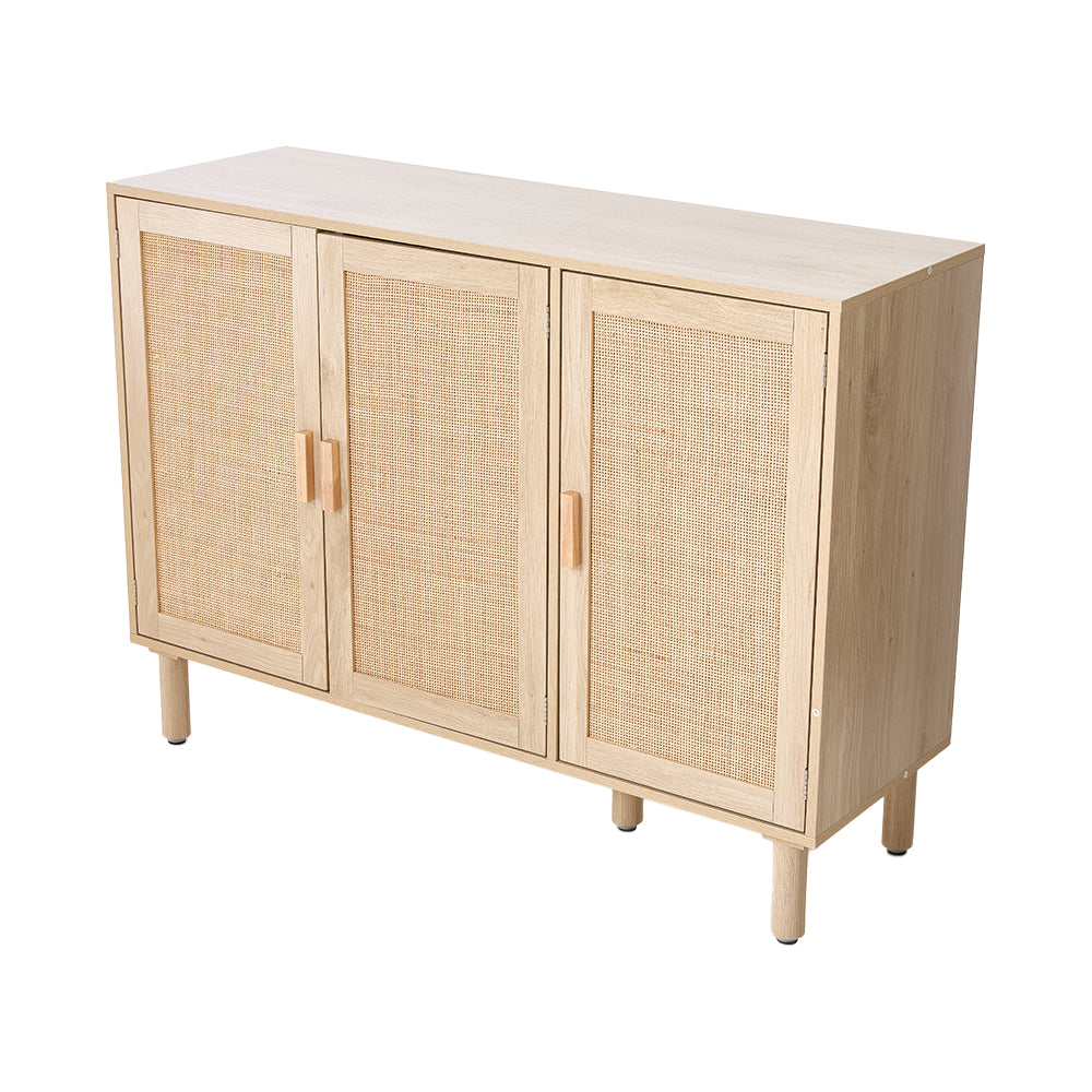 Solid Wood Sideboard with Rattan Doors, 3-Door Storage Cabinet, Oak Finish, Soft-Close, Freestanding, 120cm W