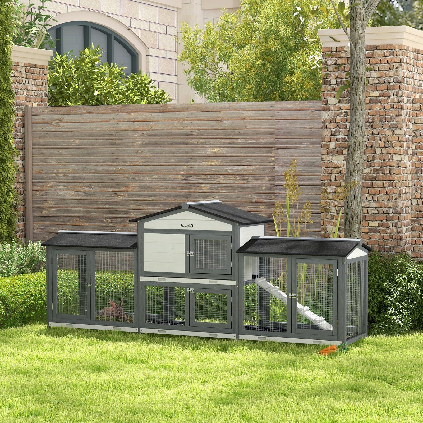 Two-tier Wooden Rabbit Hutch Guinea Pig Hutch W/ Two Runs, Slide-out Tray, Ramp