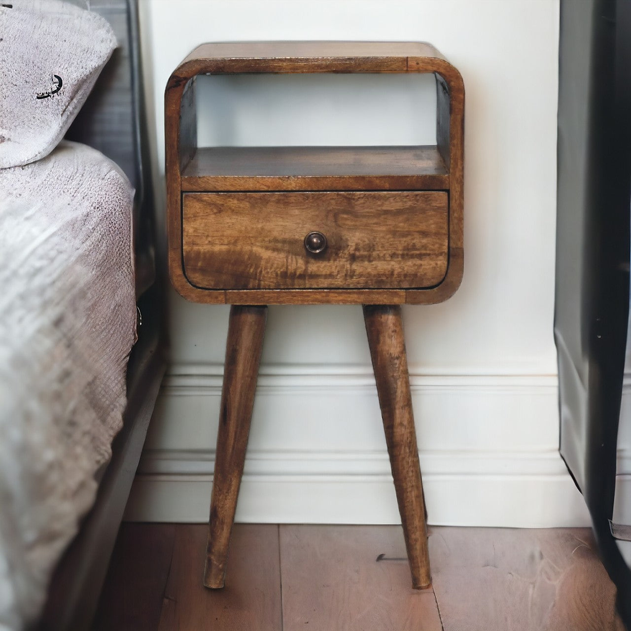 Solid Wood Mini Grey Wash Curve Open Bedside