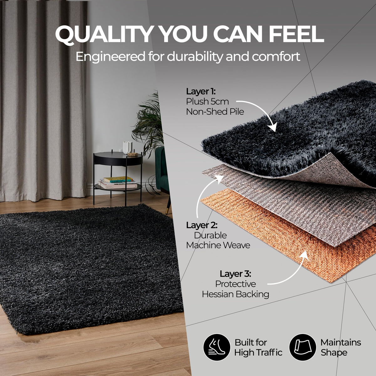 California Shaggy Rug Deep Pile | 60cm x 230cm | Black
