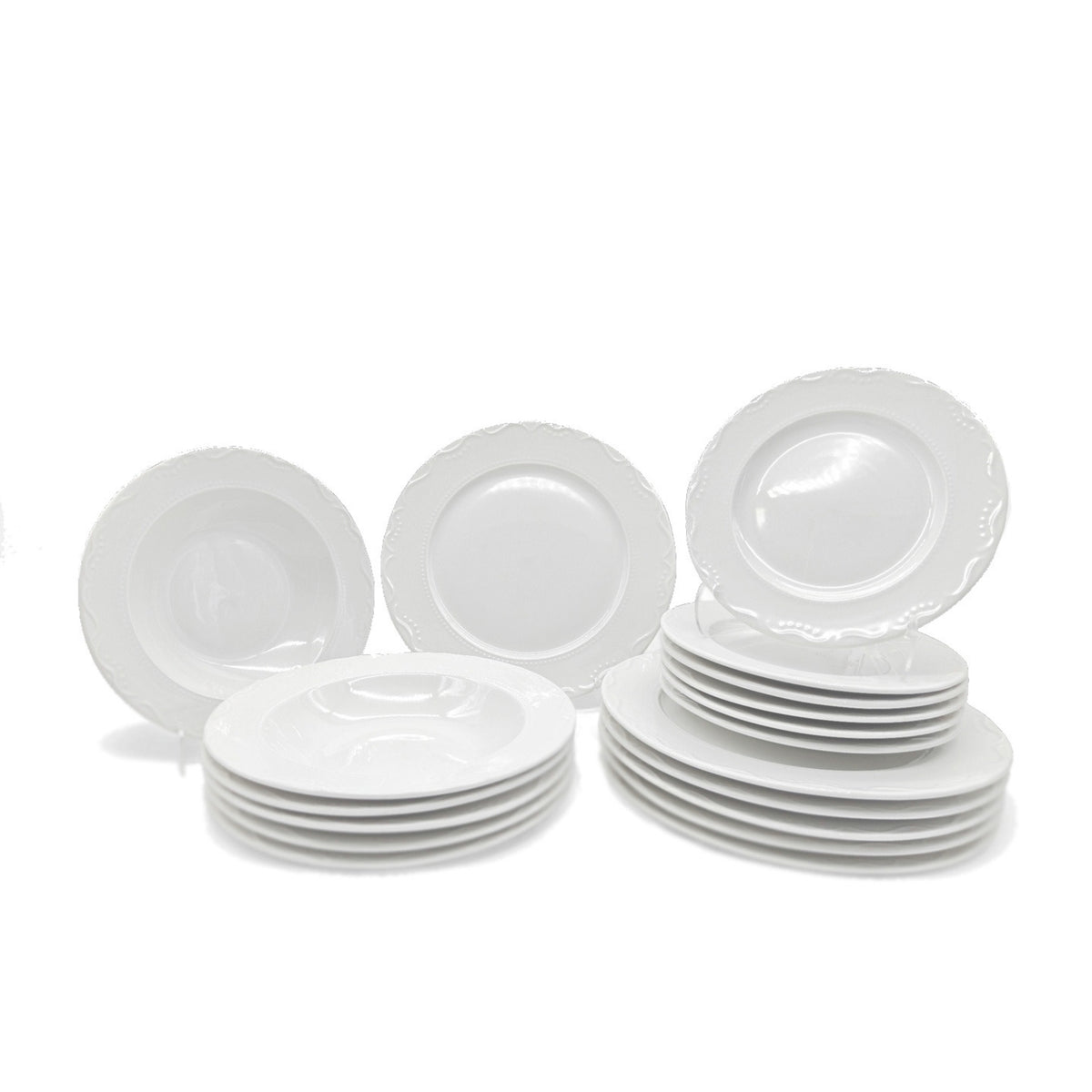 Dinner Set Porcelain White Embossed Floral Dot Rim Plates Bowls | Set of 12 | White