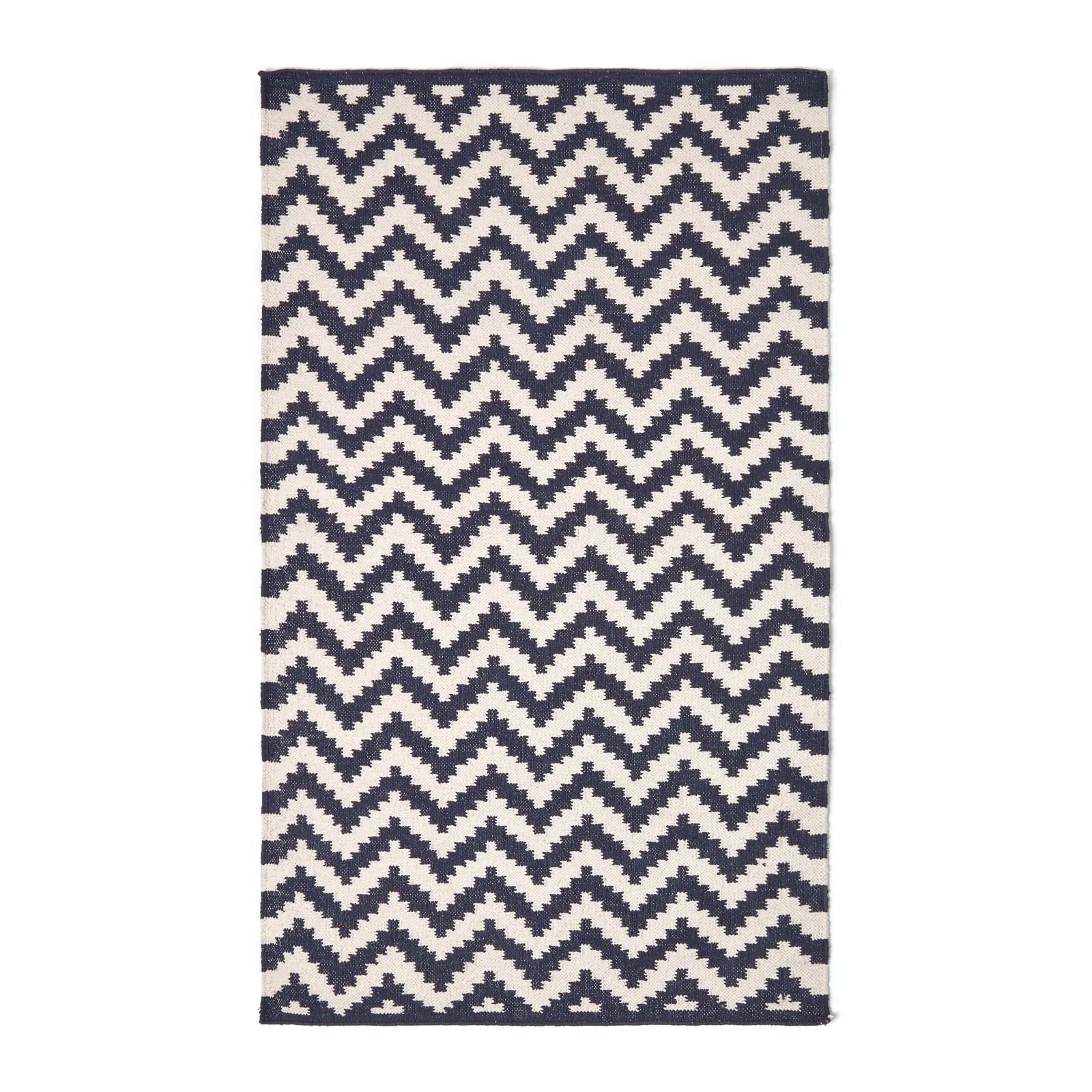 Casablanca Handwoven Zig Zag Pattern Dark Blue And White Cotton Rug | 150cm x 220cm | Dark Blue