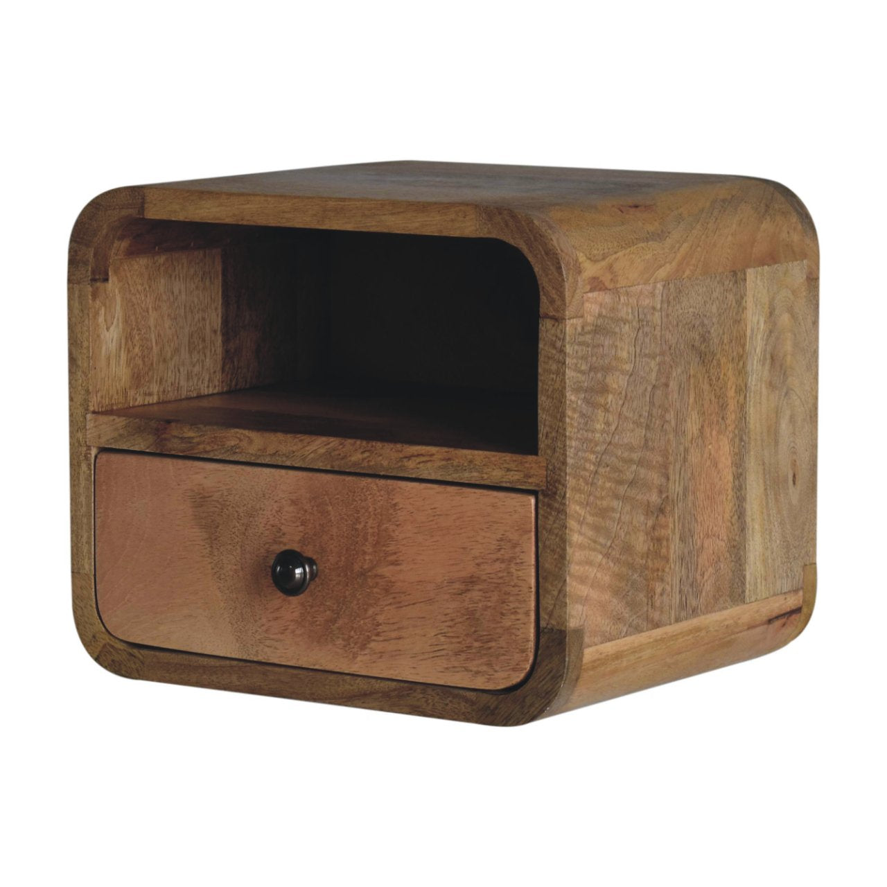 Solid Wood Extra Mini Wall Mounted Curved Oak-ish Bedside With Open Slot