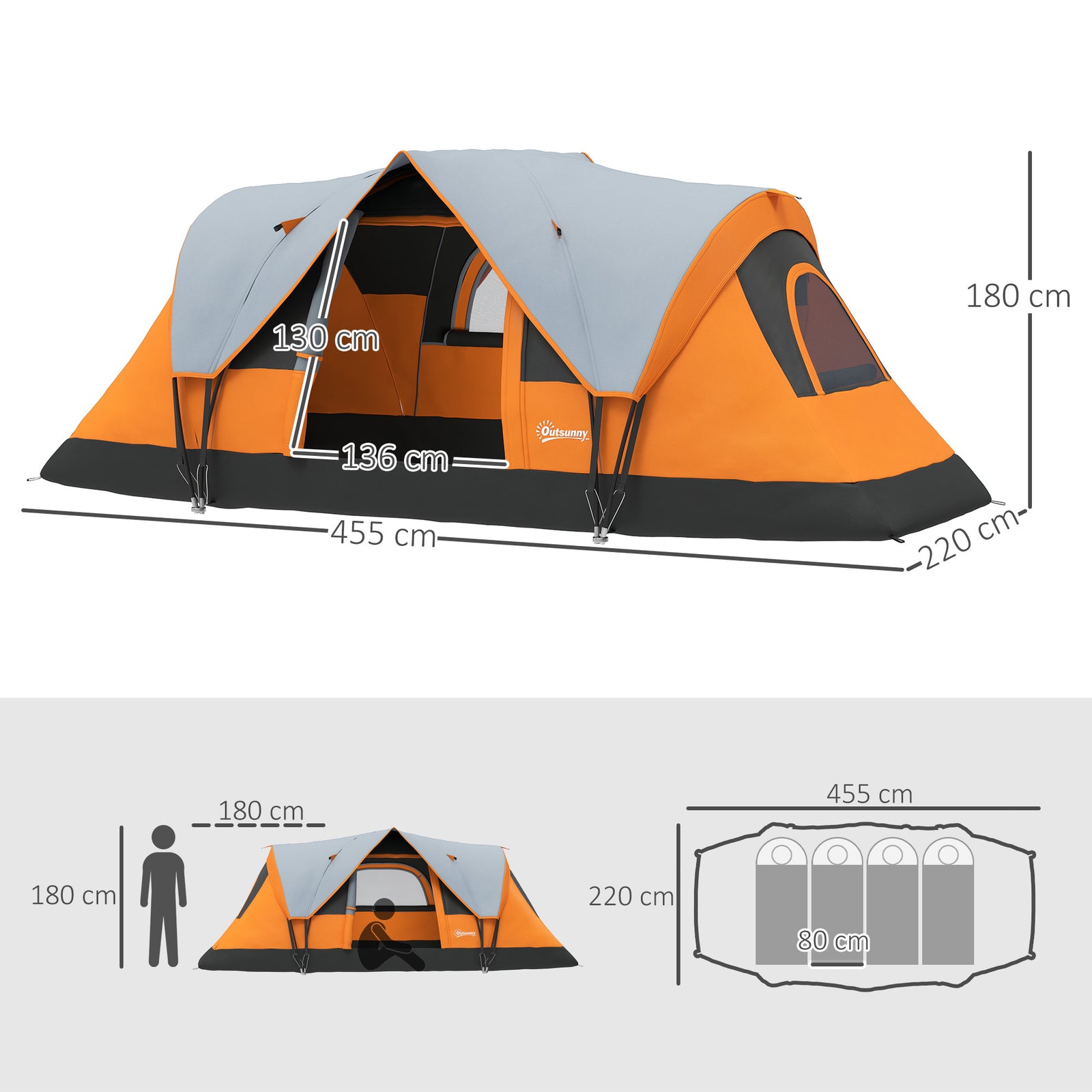 5-6 Man Dome Tent, 3000mm Water Resistant, Orange