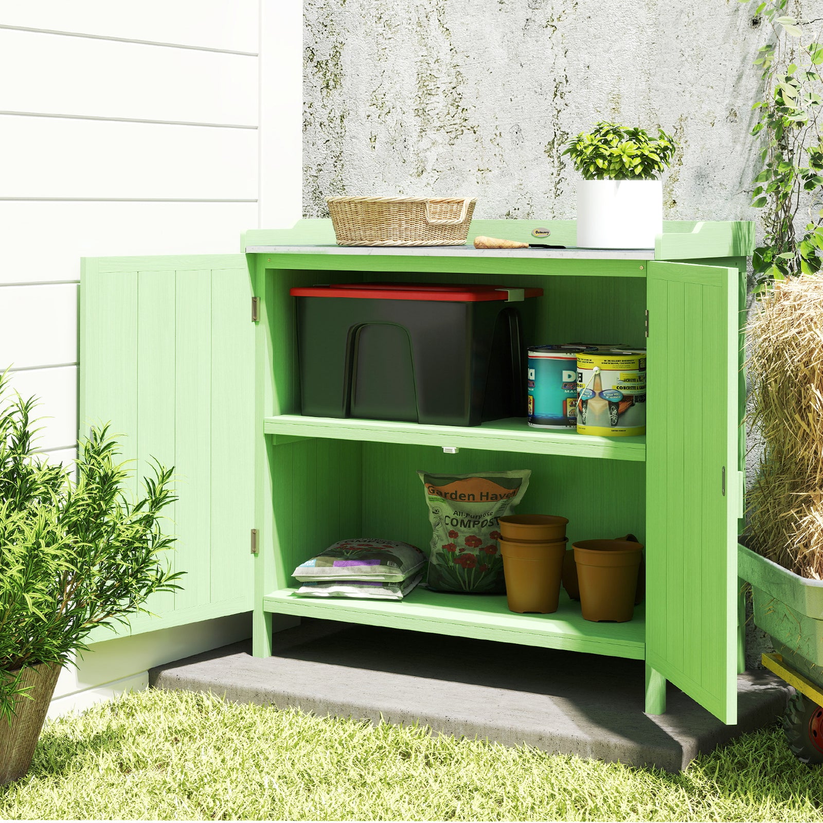Garden Storage Cabinet Potting Bench Galvanised Top Green