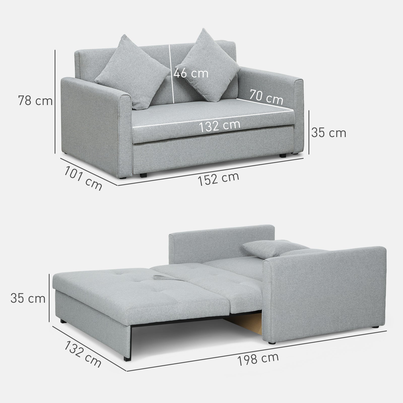 2 Seater Sofa Bed Convertible Bed Settee W/ 2 Cushions | Grey